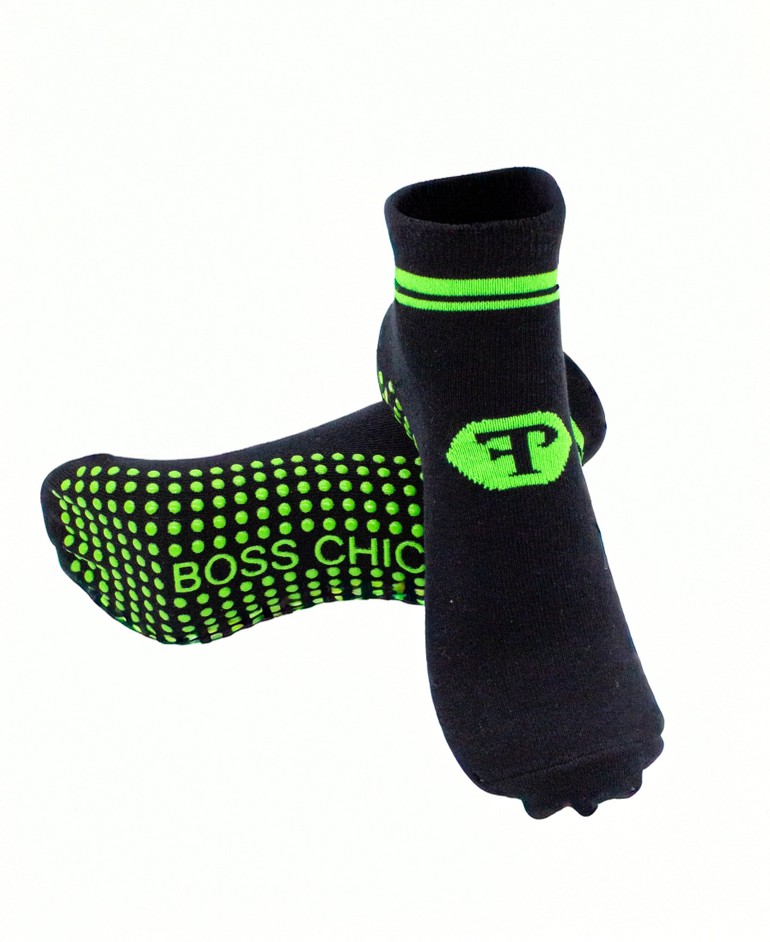 Black socks with neon green Finesse Popular logo and strips on white background
