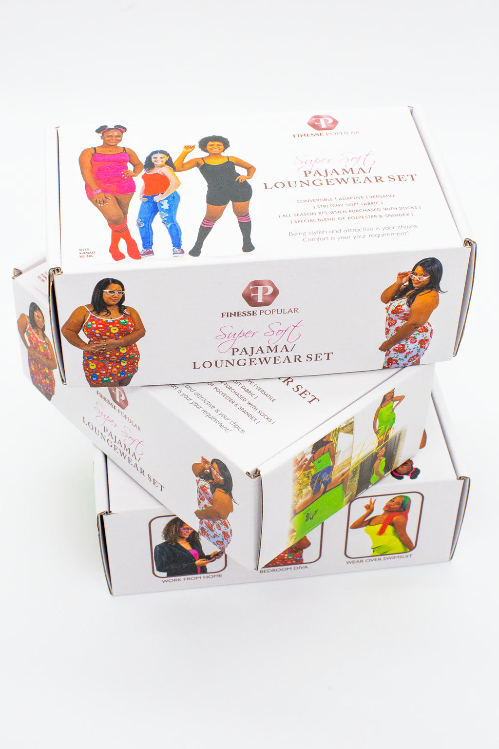 3 custom Finesse Popular stacked boxes on white background