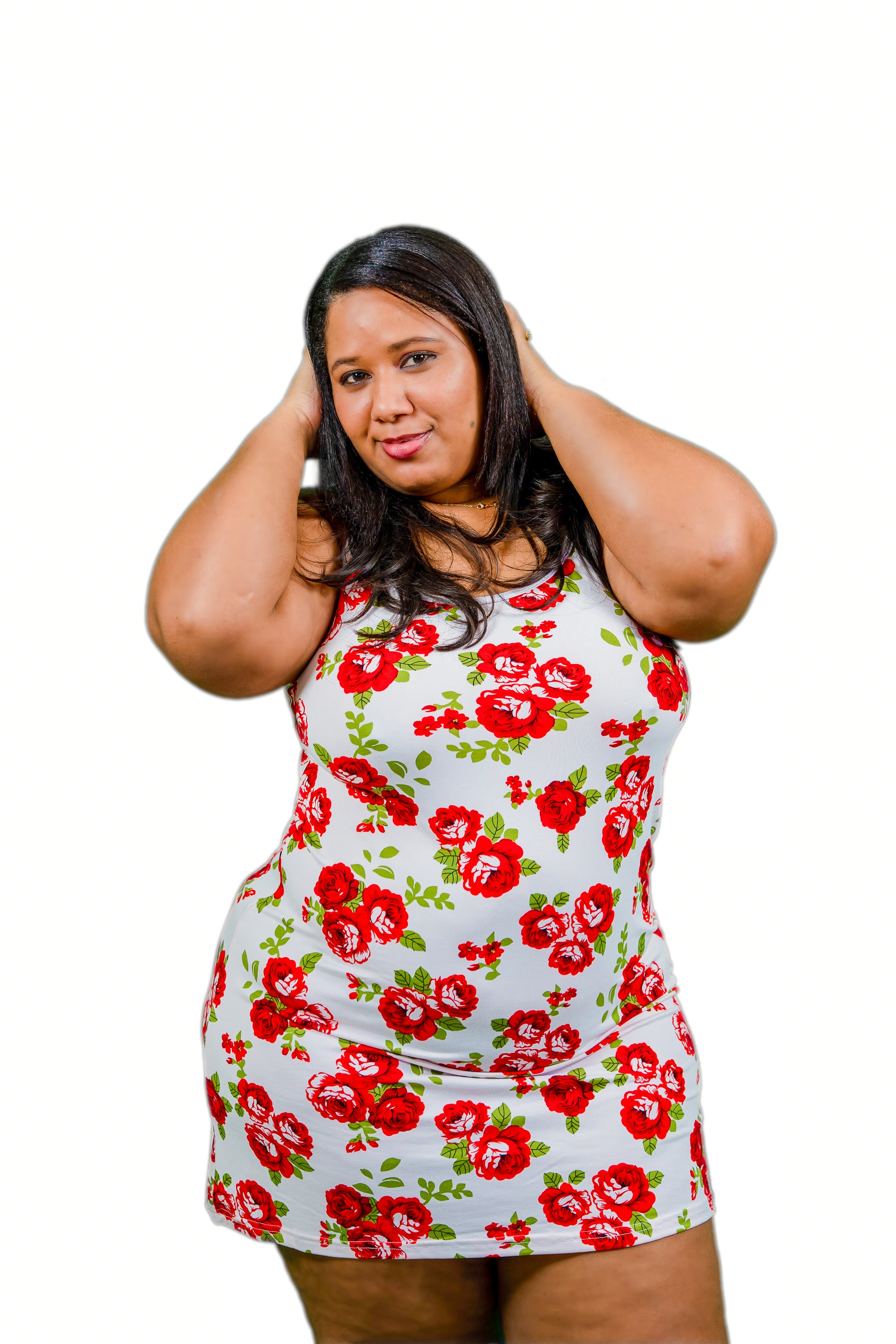 Woman in a white and red rose-print cami sleep dress on a white background