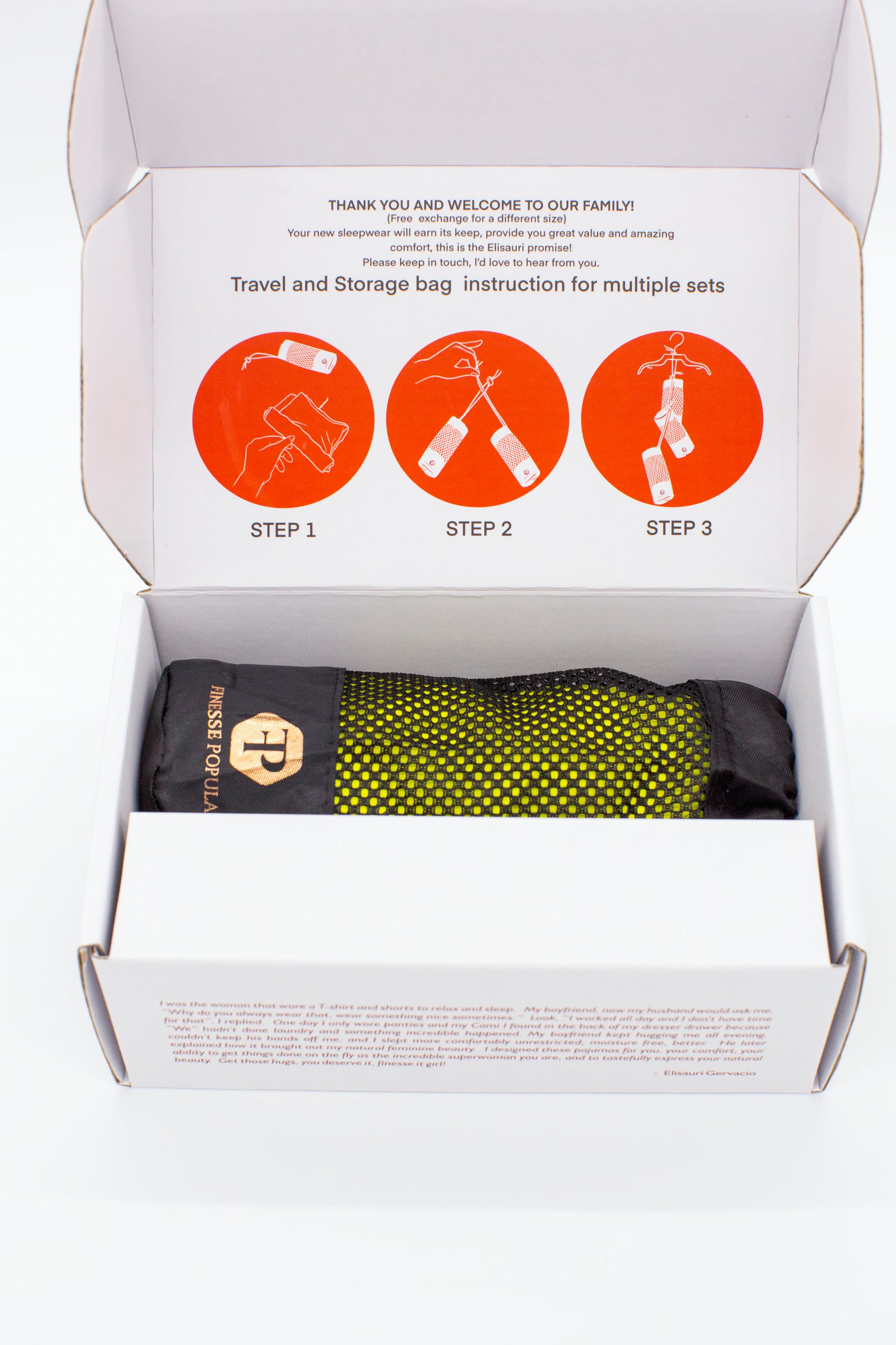 Open packaging with travel and storage bag instructions and a black and yellow product inside.