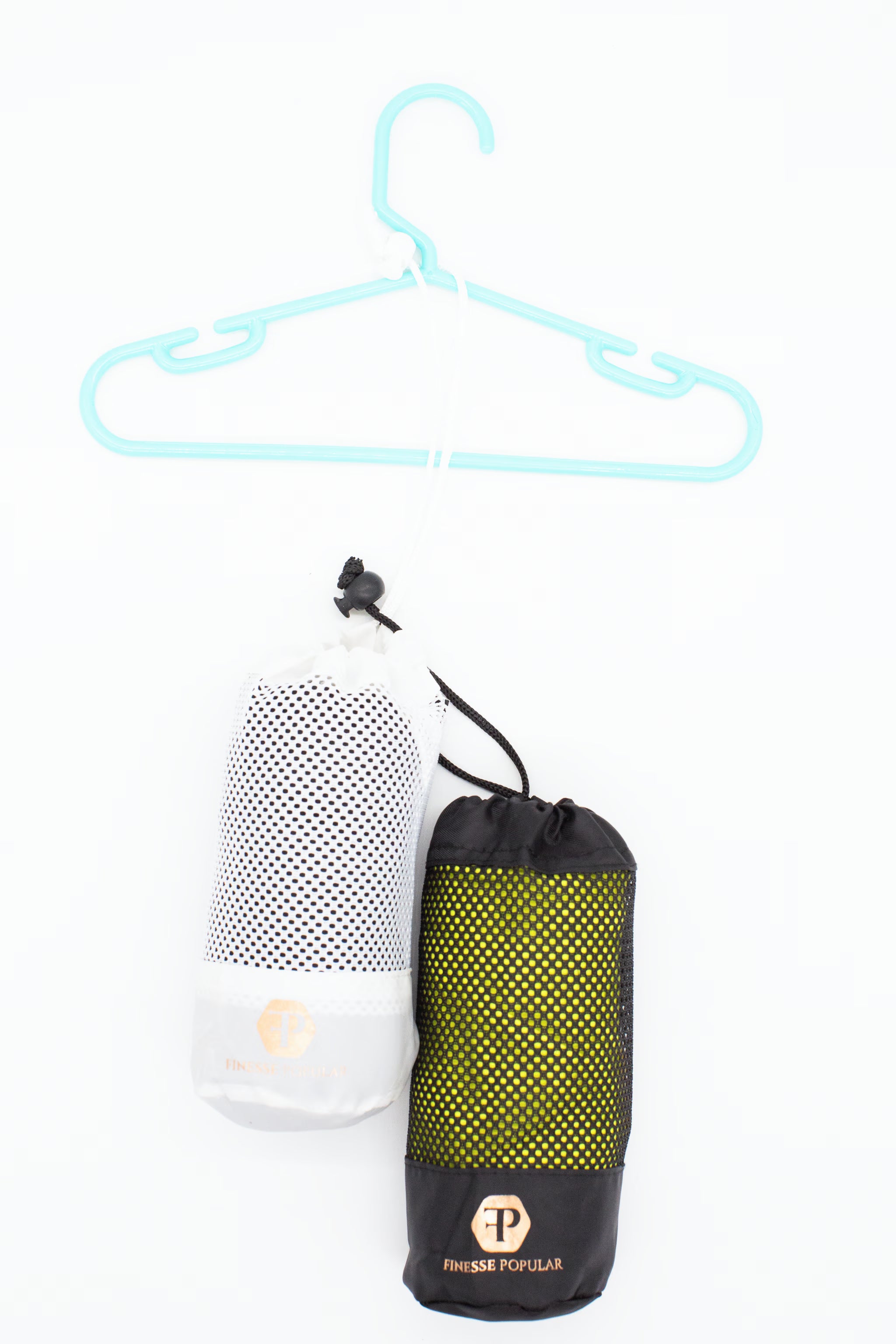 2 Finesse Popular storage/travel Bags on a blue hanger on a white background