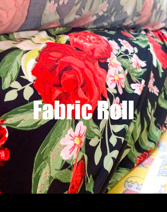 Fabric roll with floral pattern and red roses, labeled 'Fabric Roll'.