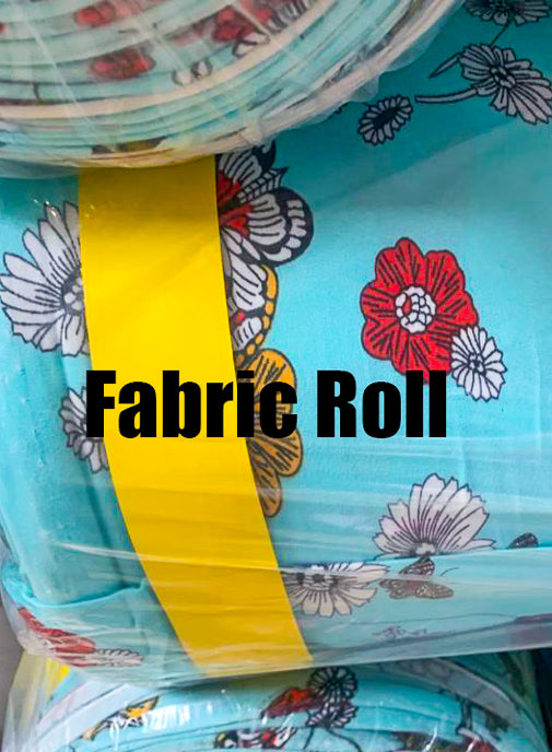 Fabric roll with floral pattern and yellow label on a blue background