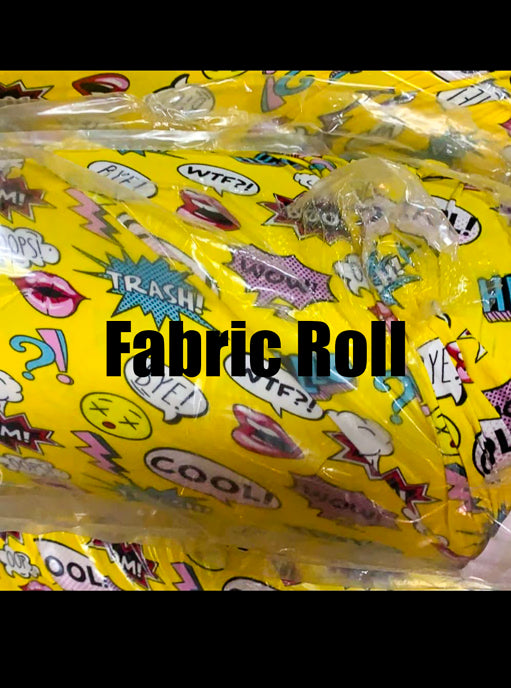 Yellow fabric roll with cartoon designs and text, labeled 'Fabric Roll'.