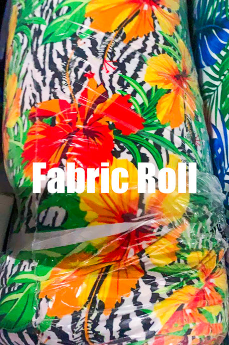 Fabric roll with colorful floral pattern in clear plastic wrap