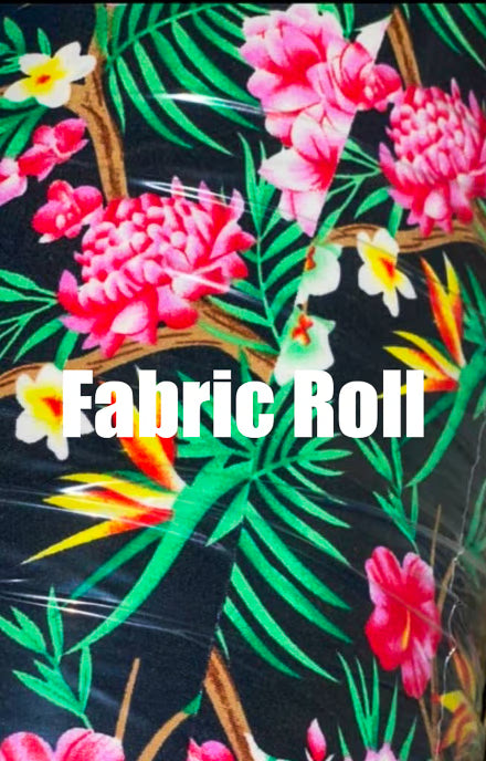 Fabric roll with tropical floral design on a black background