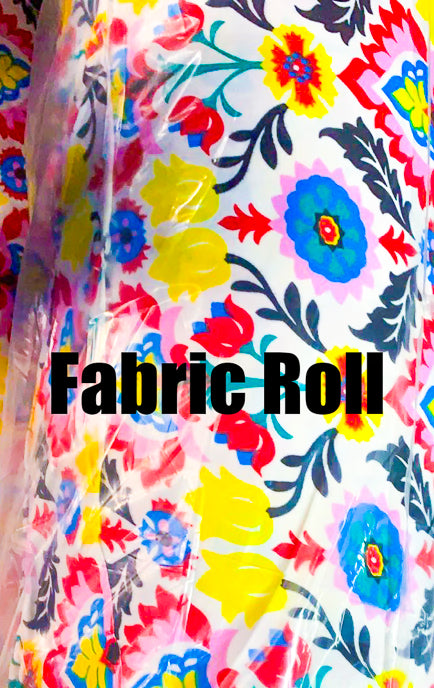 Colorful fabric roll with floral pattern and text 'Fabric Roll'.