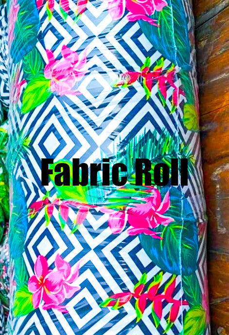 Fabric roll with geometric pattern and floral design, labeled 'Fabric Roll'.