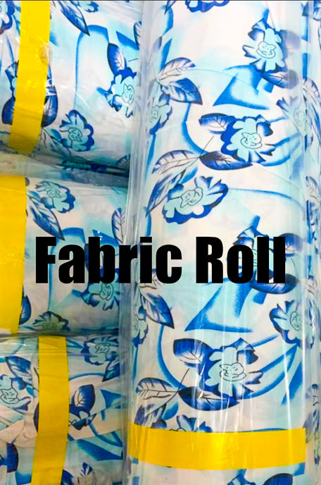 Fabric roll with blue floral pattern and yellow binding tape